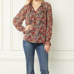 Entro NWOT Black Multi Floral V-Neck Self Tie Neck Ruffle Smocked A-Line Top